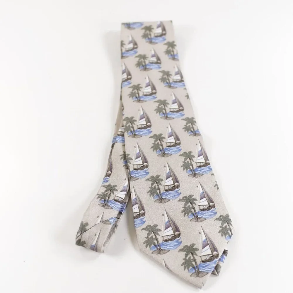 Tango Sand Beige Geometric‎ Novelty Island Sailboat Print Silk Tie